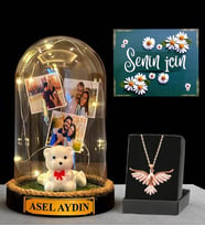 Premium Hediye Seti - Sizlere Özel Led Işıklı Fanus ve Zümrüdü Anka Kuşu Kolyesi (Model 3)