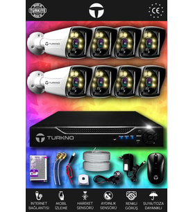 TURKNO 8 Kameralı Karie 8 Dış Kamera Set HDD'siz Full HD Renkli Gece Görüşlü Güvenlik Kamerası Sistemi