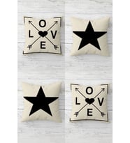 Yıldız Ve Love Yazılı Kombin Gizli Fermuarlı Kırlent Kılıfı Koltuk Yastık Kılıfı Takım(4adet) (Siyah-Bej)