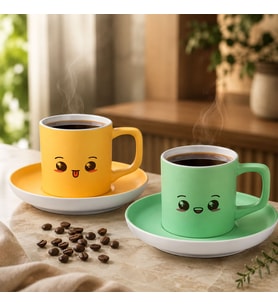 BK Gift 2'li Sarı ve Yeşil Renkli Emoji Yüz Tasarımlı Seramik Türk Kahvesi Fincanı Takımı-5
