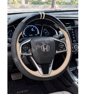 Honda CR-V Dikme Direksiyon Kılıfı Parlak Siyah Bej Detaylı Bej Çift Yüzük ve Dikiş 2017-2023