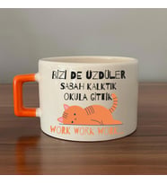 Bizi De Üzdüler Turuncu Kedi Baskılı Turuncu Kulplu C Fincan