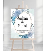 Söz Nişan Düğün İçin 50x70 Karşılama Panosu - Renkli Mavi Çiçek Tasarımlı