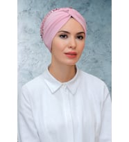 Pudra Pratik Hazır Geçmeli Tesettür Bone Sandy Kumaş Pullu Büzgülü 1906_06