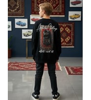 Erkek Çocuk Sırtı Araba Baskılı Tasarım Sweatshirt (Siyah)