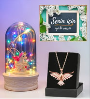 Renkli Led Işıklı Fanus ve Zümrüdü Anka Kuşu Kolye Hediye Seti (Model 1)