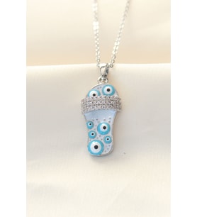 316L Zinciri Çelik Zirkon Taşlı Gümüş Renk Nazar Boncuklu Terlik Kolye