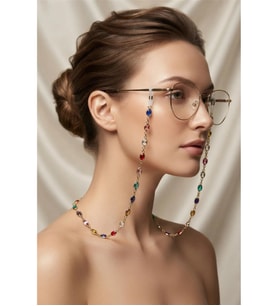 ZARİF OVAL RENKLİ TAŞLI PİRİNÇ GÖZLÜK ZİNCİRİ