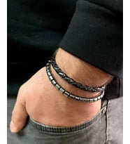 %100 Deri&Hematit Kombin Erkek Bileklik NET 23cm (Türk El Üretimi) (Siyah)