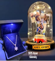 Işıklı Kutuda 925 Ayar Gümüş Lotus Kolye ve Size Özel Led Işıklı Fanus - Premium Set (Model 6)
