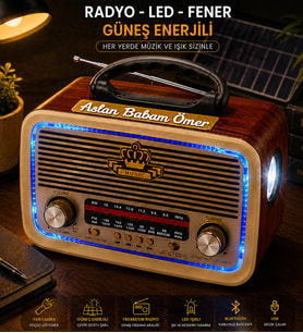 Babalar Günü Hediyesi Kişiye Özel Ahşap Nostaljik Görünümlü Güneş Enerjili Bluetoothlu Ledli Radyo