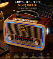 Babalar Günü Hediyesi Kişiye Özel Ahşap Nostaljik Görünümlü Güneş Enerjili Bluetoothlu Ledli Radyo