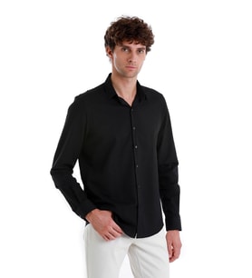 Siyah Comfort Fit Düz %100 Pamuk Slim Yaka Uzun Kollu Spor Gömlek