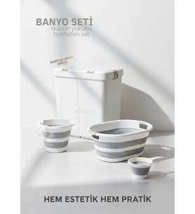 4’lü Katlanabilir Çamaşır Sepeti Seti – 80 Litre Gold/Beyaz Kirli Sepeti, Sele, Su Kovası ve Maşrapa
