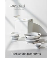 4’lü Katlanabilir Çamaşır Sepeti Seti – 80 Litre Gold/Beyaz Kirli Sepeti, Sele, Su Kovası ve Maşrapa