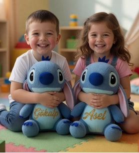 Kişiye Özel İsim Yazılı Stitch Peluş Oyuncak 60 cm Sevimli Genç Kıza Erkek Çocuğa Kuzene Hediye Doğum Günü Hediyesi (Mavi)
