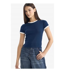 Defacto Fıtted Bisiklet Yaka Ribana Lacivert Kadın T-Shirt F9823AX/NV248