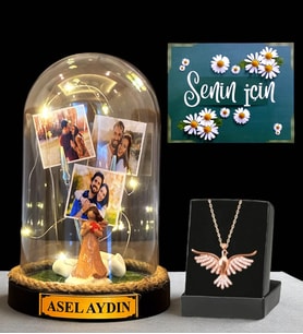 Premium Hediye Seti - Sizlere Özel Led Işıklı Fanus ve Zümrüdü Anka Kuşu Kolyesi (Model 9)