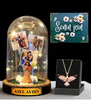 Premium Hediye Seti - Sizlere Özel Led Işıklı Fanus ve Zümrüdü Anka Kuşu Kolyesi (Model 9)