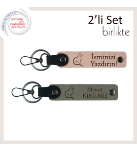 Evdeki En Tatlı Dostu Onurlandır, Kedili Tasarım, Kişisel Deri Anahtarlık, Yavru Ağzı-Kül Gri