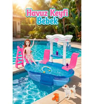 Kaydıraklı ve Şezlonglu Oyuncak Bebek Havuz Seti - Köpek ve Aksesuarlı Yazlık Tatil Oyun Seti