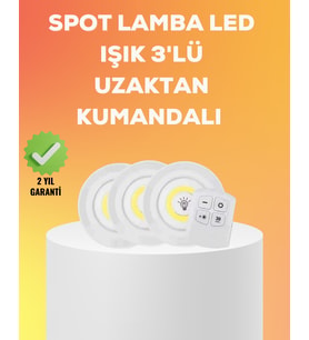 Çok Amaçlı Kullanım İçin Kablosuz Yapışkanlı 3 Lü Uzaktan Kumandalı Led Spot Lamba