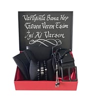 Erkek Siyah Cüzdan-Kemer-Kartlık -Tesbih-3 Adet Bileklik Set
