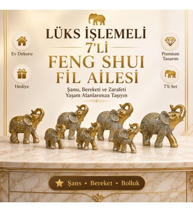 Lüks İşlemeli 7'li Feng Shui Fil Biblo Seti Şans Bereket Dekoratif Ev Ofis Yeni Ev Hediyesi
