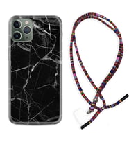 Apple iPhone 11 12 13 14 Pro Max Kılıf Boyun Asklı Rasta Silikon Fragile Black Mermer 1378