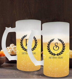 BK Gift Kişiye Özel Çelenk Baş Harfli İsimli 2’li Buzlu Cam Bira Bardağı 50cl-2 (Beyaz)