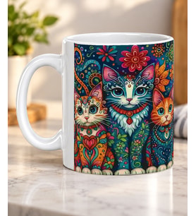 Rengarenk Mandala Desenli Süslü Kediler Kedi Severlere Hediye Porselen Kupa Bardak