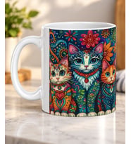Rengarenk Mandala Desenli Süslü Kediler Kedi Severlere Hediye Porselen Kupa Bardak