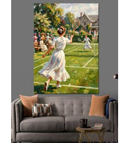 Bahçede Tenis Oynayan Vintage Kadın Dekoratif Kanvas - Mdf Ahşap Tablo