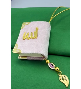 El Yapımı Cam Nazar Boncuklu Toz Pembe Kadife Mini Kur' an-ı Kerim Araba Dikiz Ayna Süsü
