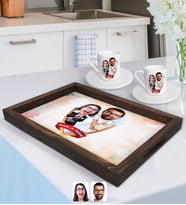 BK Gift Kişiye Özel İsimli Sevgililer Karikatürlü Doğal Ahşap Tepsi ve 2’li Kahve Fincan Seti-16