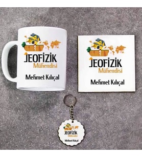 Jeofizik Mühendisi Kupa Bardak Altlık ve Anahtarlık Hediye Seti (Model 1)