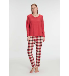 Kadın Kırmızı Uzun Kollu  Alt Kısmı Ekose Desenli Pijama Takımı (Renksiz)