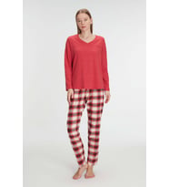 Kadın Kırmızı Uzun Kollu  Alt Kısmı Ekose Desenli Pijama Takımı (Renksiz)