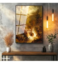 Siyah Renk Metal Çerçeveli Tamperli Cam Tablo M. M. K. Kır Evi Şelale Dere Işık Gece Ressam Tablosu Duvar Dekoru