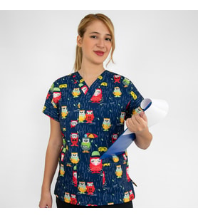 Unisex Yağmurlu Baykuş Desenli  Esnek Likralı Veteriner Hemşire Doktor Scrubs Cerrahi  Tek  Üst Forma