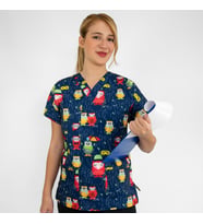 Unisex Yağmurlu Baykuş Desenli  Esnek Likralı Veteriner Hemşire Doktor Scrubs Cerrahi  Tek  Üst Forma (Lacivert)