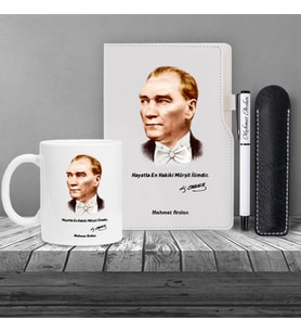 Kişiye Özel Atatürk Silüet UV Baskılı Beyaz Defter & Beyaz Roller Kalem ve Kupa Seti