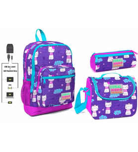 Coral High USB ve AUX Çıkışlı Okul Çanta Seti - Kız Çocuk - Mor Kedi Desenli
