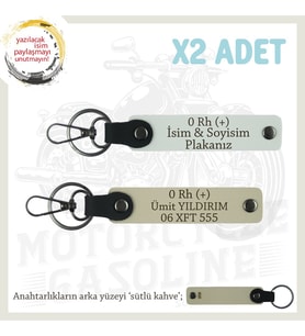 Motosiklet Maceracıları, İsim Plaka ve 0 Rh (+) Kan Grubu Yazılı Anahtarlık 2li, Beyaz-S Kahve-SK (Çok Renkli)