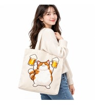 Bira Kupası Tutan Kedi Baskılı Kanvas Çanta 35x40 cm – 260 Gr