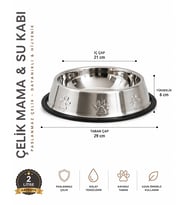 Köpekler İçin Pati Desenli Çelik Mama Su Kabı 30 Cm - 64 Oz - 2 LT