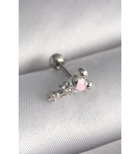 316L Çelik Gümüş Renk Zirkon Taş Detay Pembe Kalp İşleme Tragus Piercing - TJ-PR1281
