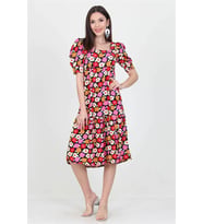 Neşeli butik kadın kare yaka eteği fırfırlı çiçek desenli viskon elbise NB10026 (Kırmızı)