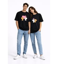 Sevgili Kombini Ayıcık Kalp Baskılı Çift Tişört Oversize Unisex Partner Kombin Seti (Siyah)