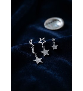 Pirinç Gümüş Renk Ay ve Yıldız Gece Model Kadın Küpe Seti